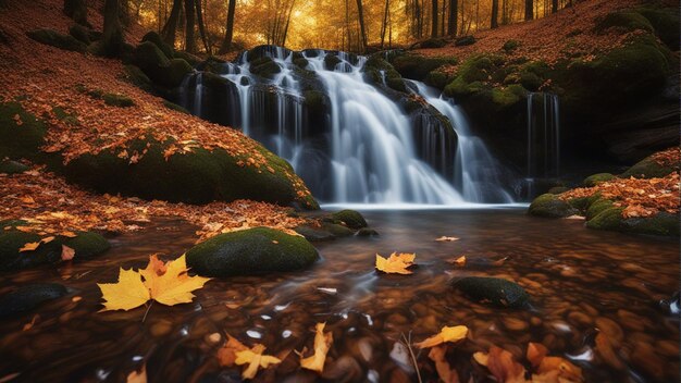 A colorful majestic waterfall in national park forest during autumn