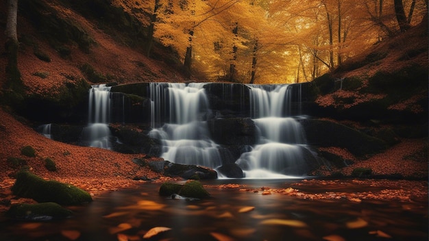 A colorful majestic waterfall in national park forest during autumn