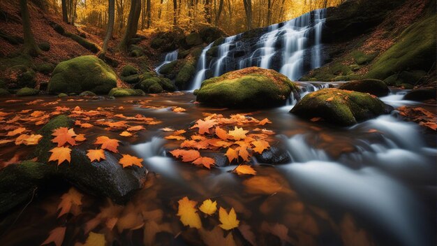 Photo a colorful majestic waterfall in national park forest during autumn