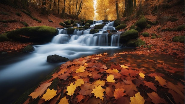 Photo a colorful majestic waterfall in national park forest during autumn