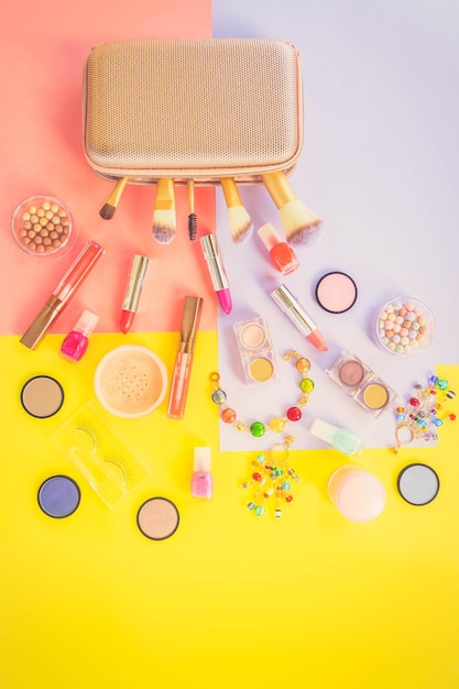 Colorful make up flat lay scene