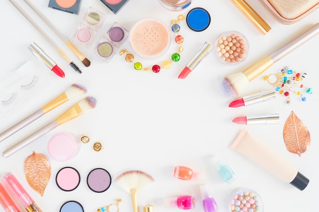 Colorful make up flat lay scene