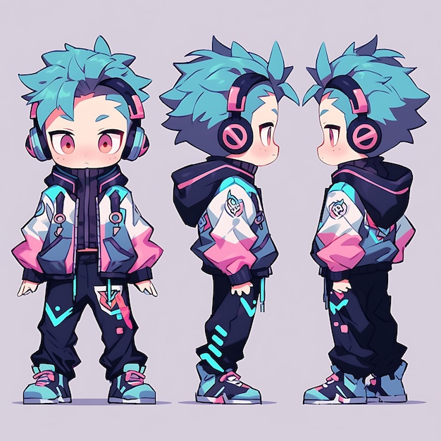 Colorful Male Chibi Kawaii Music Producer Streetwear Neon Colors Head anime character collections