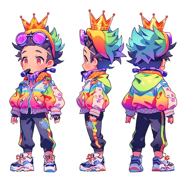 Photo colorful male chibi kawaii musician funky fashion rainbow colors saxo anime character collections