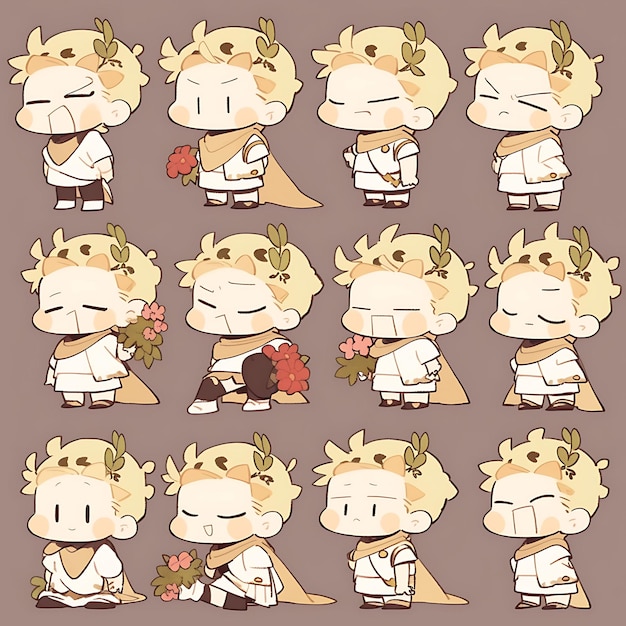 Colorful Male Chibi Kawaii Roman Toga Ivory Whites Laurel Leaf Crown cute character collection