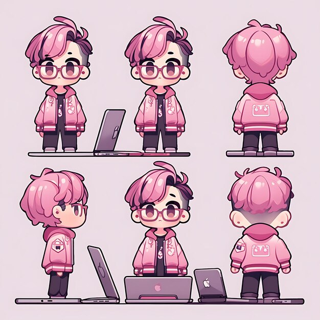 사진 다채로운 남성 chibi kawaii 웹 개발자 geek chic style techie 컬러 애니메이션 캐릭터 컬렉션