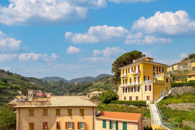 Colorful Manarola streets on scenic the hills facing Mediterranean shoreline