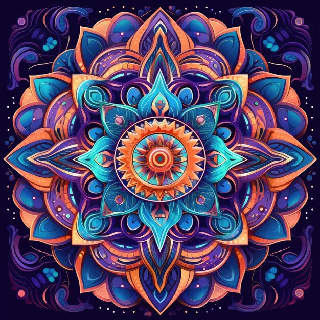 A colorful mandala on a dark background