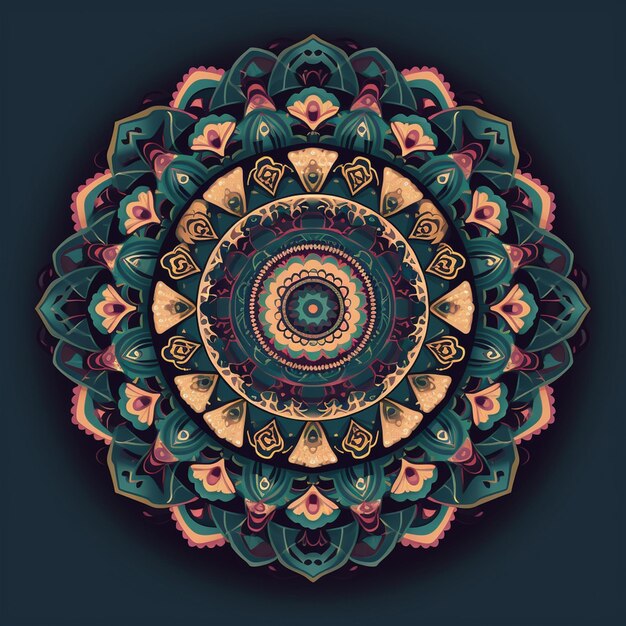 A colorful mandala with a blue background and a pink and green design.