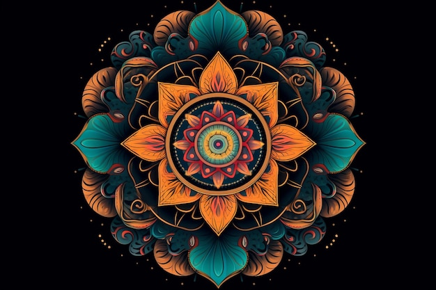 A colorful mandala with a floral pattern on a black background.