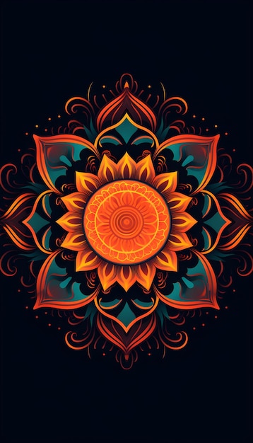 A colorful mandala with a flower pattern on a black background.