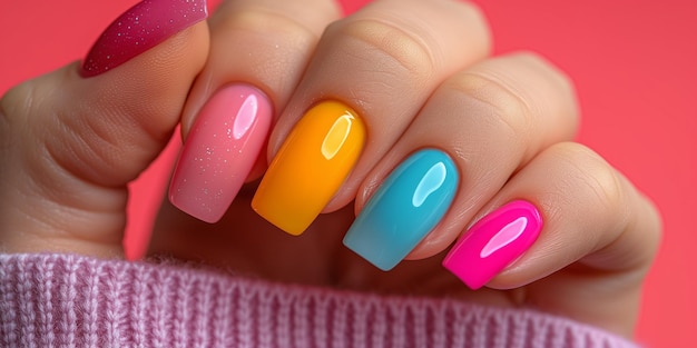 Colorful manicure on female hand with pink background