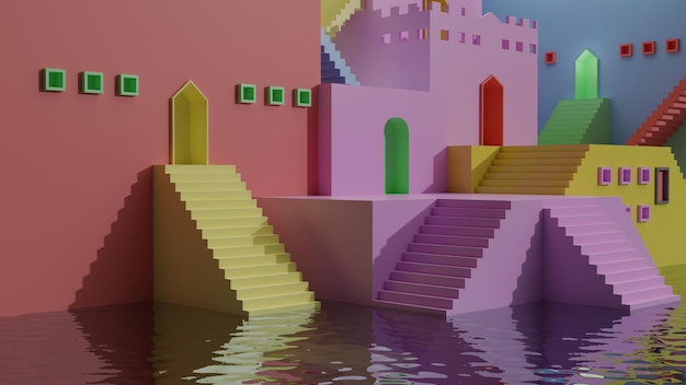 Красочный особняк с лестницей и дверями, макет пьедестала, витрина, подиум, сцена, детская игра с поверхностью воды для презентации продукта, иллюстрация 3D-рендеринга