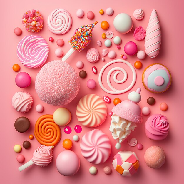 写真 カラフルな多くの甘いお菓子の上面図の背景