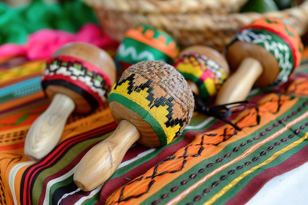 Colorful maracas on a vibrant textile background showcasing cultural craftsmanship