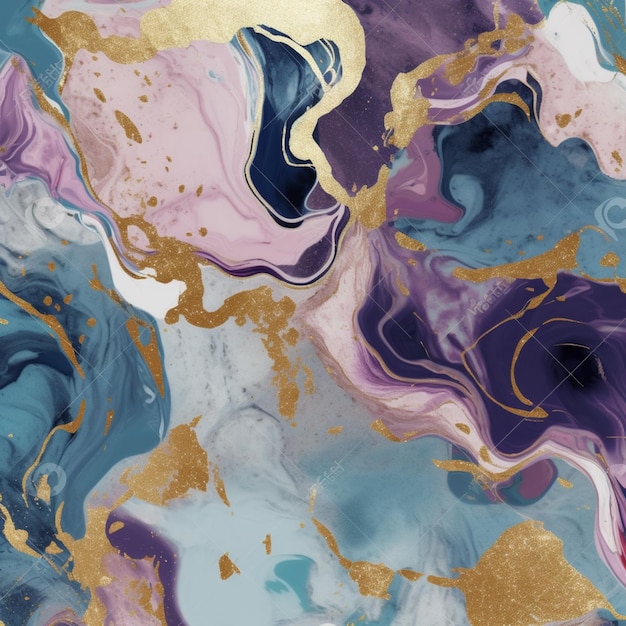 A colorful marble painting with gold and purple colors.