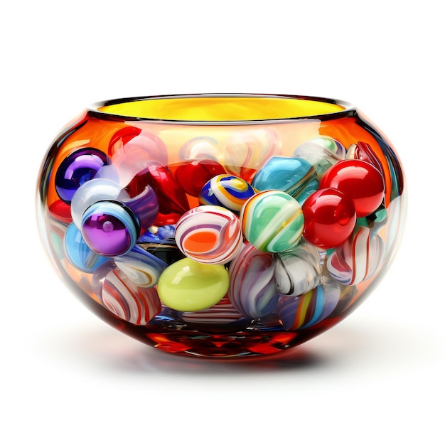 Colorful marbles in glass bowl isolated on white background