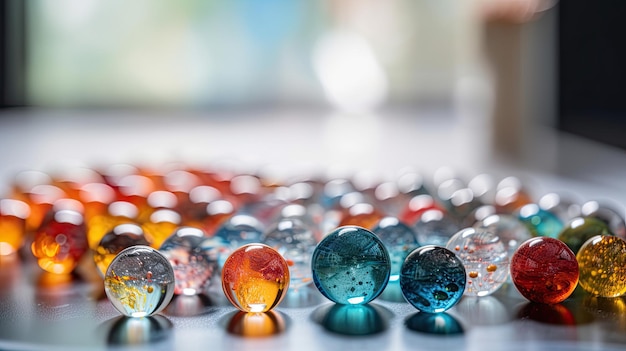 Colorful marbles on a table with a bottle in the background