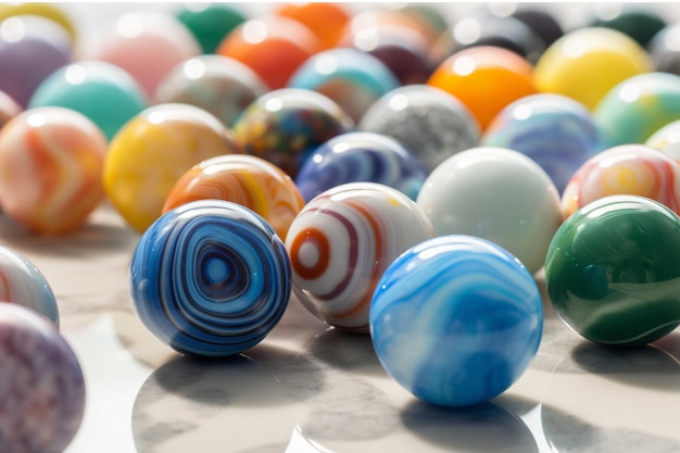 Colorful marbles on wooden table closeup Space for text