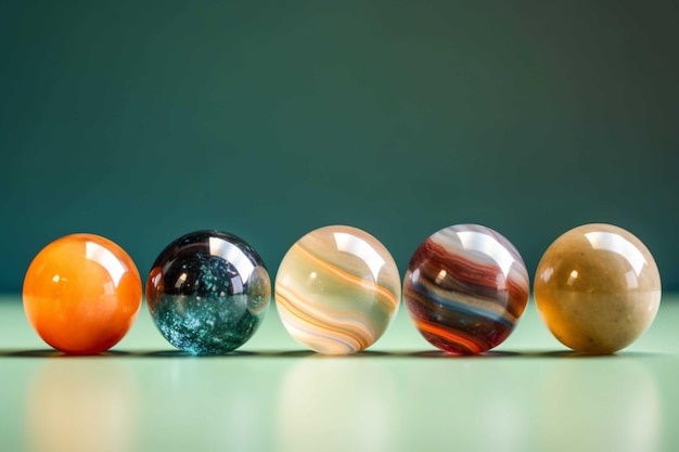 Colorful marbles on wooden table closeup Space for textt