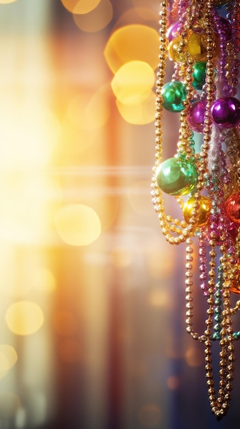 Colorful Mardi Gras beads and bokeh lights festive vertical background AI Generated content