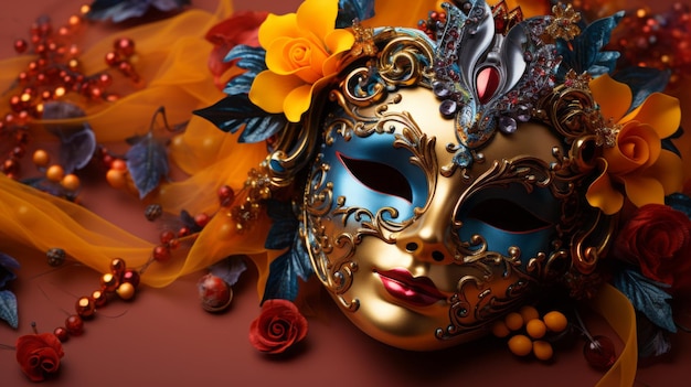 Colorful Mardi Gras or venetian mask on a yellow background