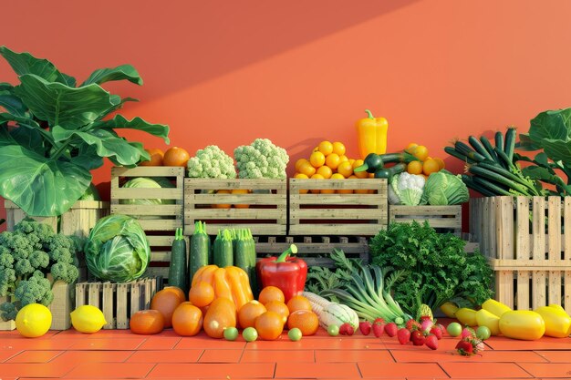 Красочная рыночная сцена с фруктовым и овощным киоском