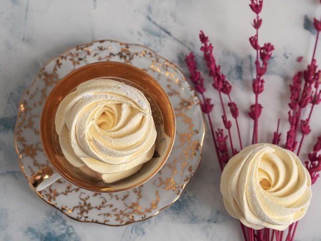 Colorful marshmallow. Homemade zephyr, meringue, top view. Delicious homemade sweets