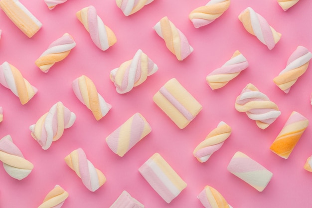 Colorful marshmallows background. Top view. Flat lay.