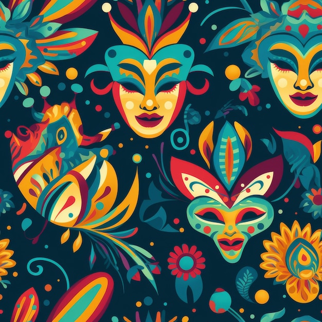 Colorful Mask and Flower Pattern on Black Background