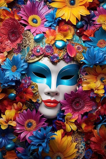 a colorful mask laying on a bed of petals