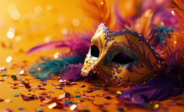 A colorful mask sits on an orange background