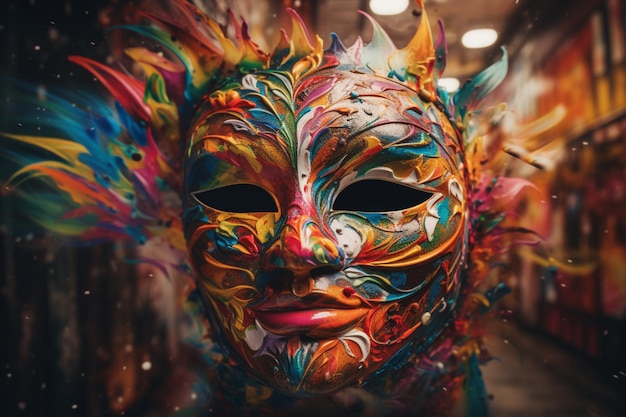 A colorful mask with colorful feathers and a bird on it.