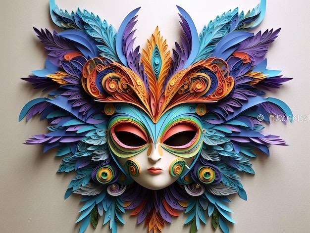 A colorful mask with feathers on a wall generative ai image