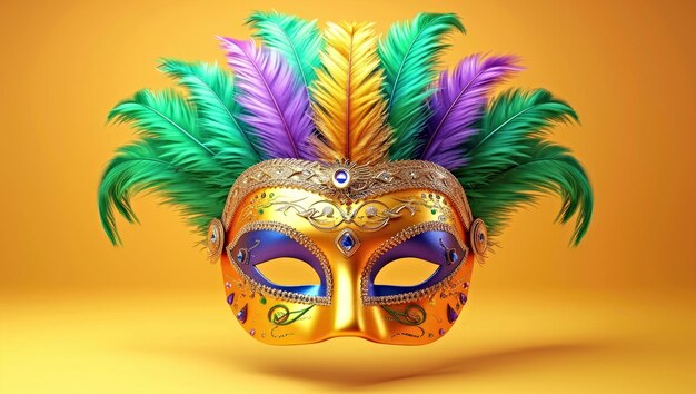 A colorful mask with feathers on a yellow background mardi gras mask with colorful feathers