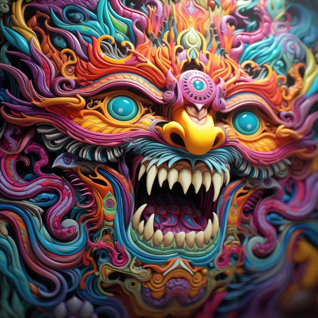 a colorful mask with the mouth open is painted with the colors of the dragon.