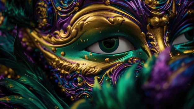 A colorful mask with a purple and green mask on it
