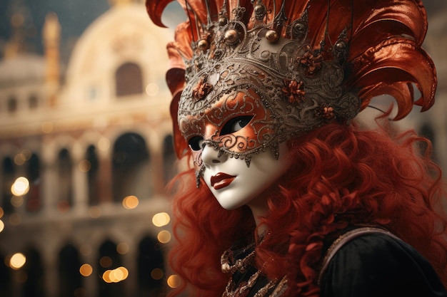 Colorful masks and costumes at traditional Carnival in Venice Mardi Gras masquerade party