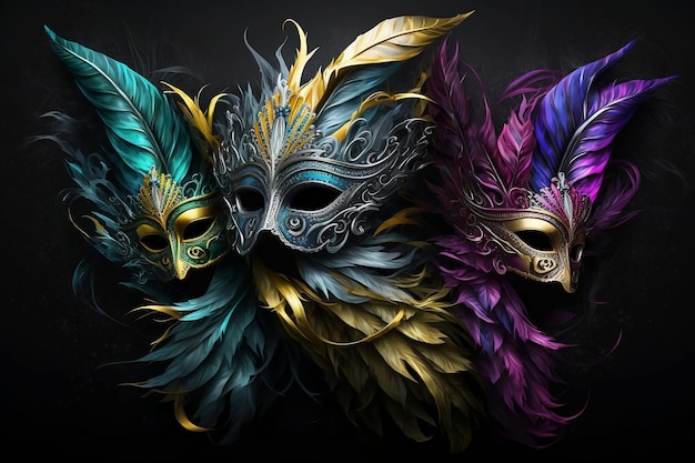 Colorful masks with feathers on black background Venetian carnival