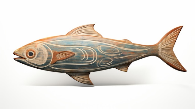 Colorful Mayainspired Wooden Salmon Carving On White Background