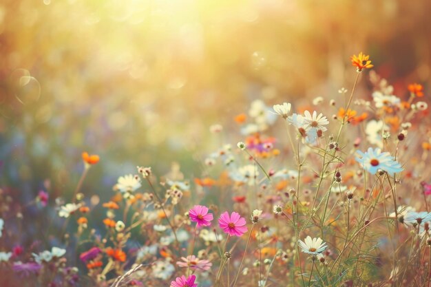 Красочные луговые цветы в винтажном осеннем пейзаже