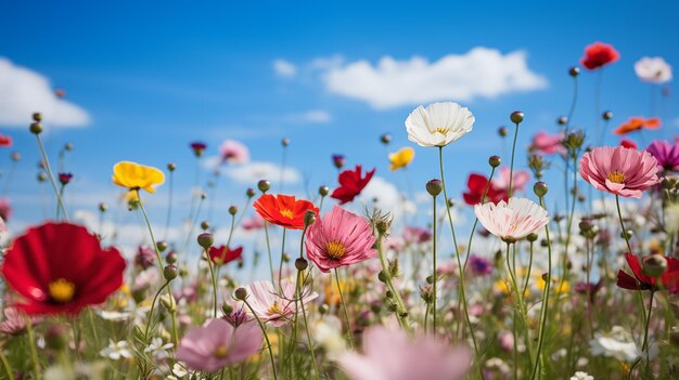 A colorful meadow of wildflowers under the blue sky