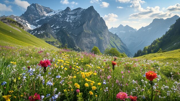 写真 野の花と山の背景にあるカラフルな草原