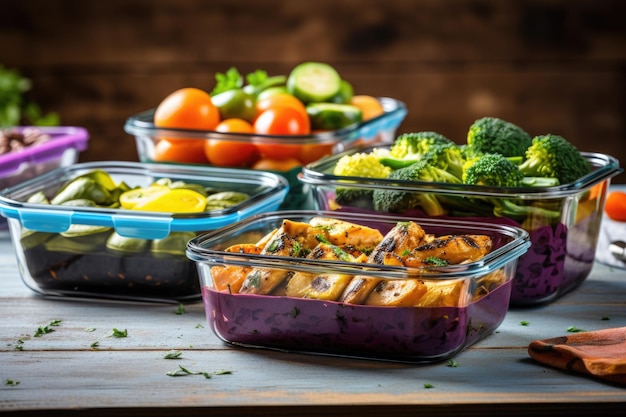 Colorful meal prep containers with nutritious food variety