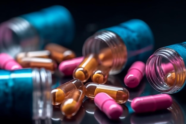 Colorful medication and pills on the table Generative AI