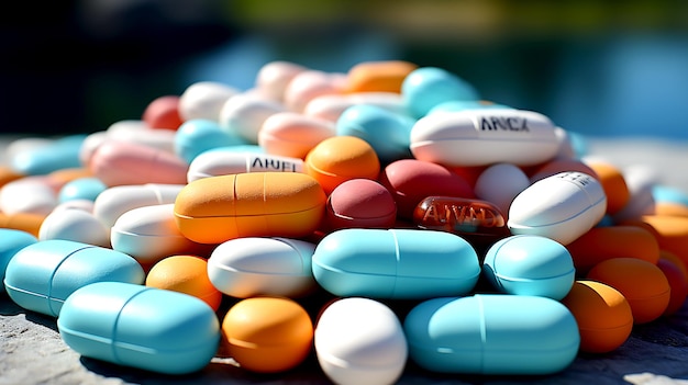 Фото Красочные таблетки антибиотиков на мягком синем фоне