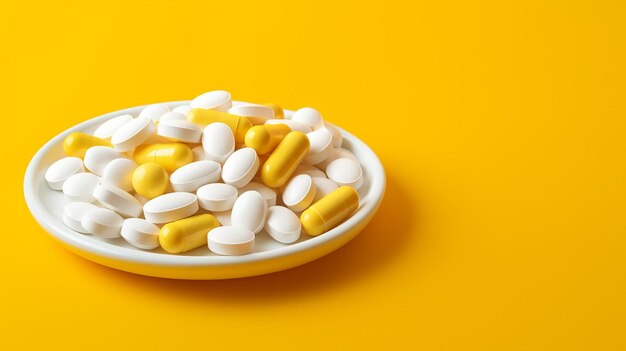 Colorful medicine tablets antibiotic pills on yellow background high quality photo