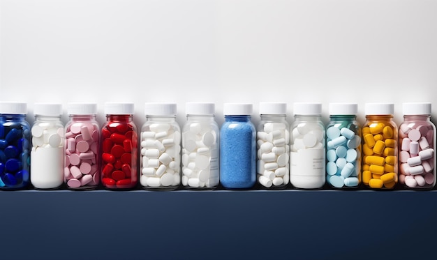 Foto tavole di farmaci colorate in una bottiglia su uno sfondo bianco vista laterale