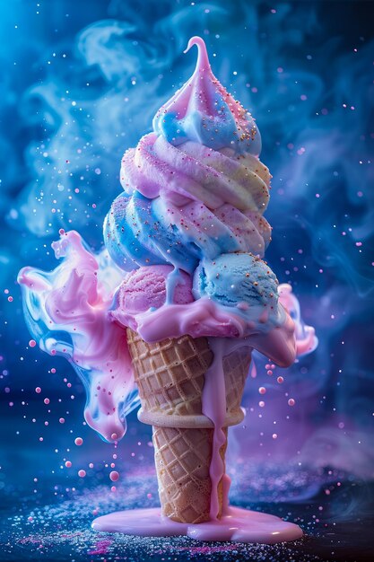 Colorful Melting Ice Cream Cone on Blue Swirly Smoke Background with Glitter Sparkles