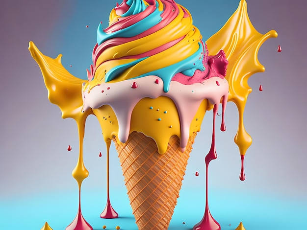 Foto un'illustrazione colorata di un cono di gelato che si scioglie su uno sfondo isolato